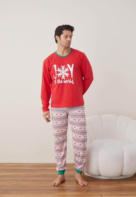 Pijama barbat Craciun maneca lunga pantaloni lungi rosu Joy ENGROS